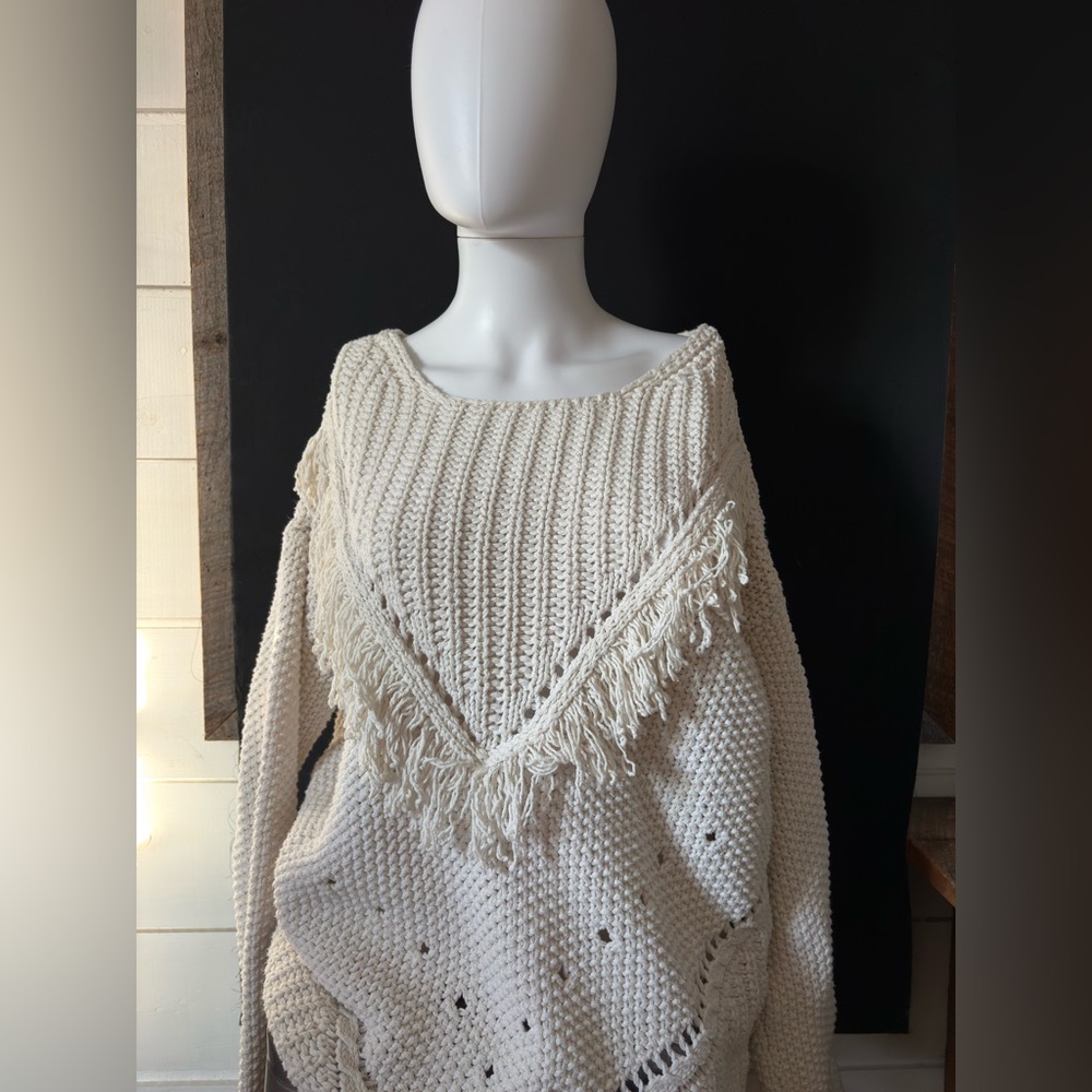 H&M Cream Off-the-Shoulder Fringe Knit Sweater